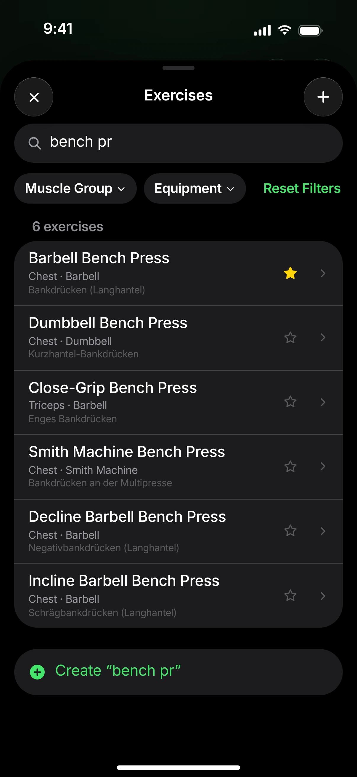 Exercise search for “bench pr”: six results such as Barbell Bench Press, Dumbbell Bench Press and Close-Grip Bench Press.