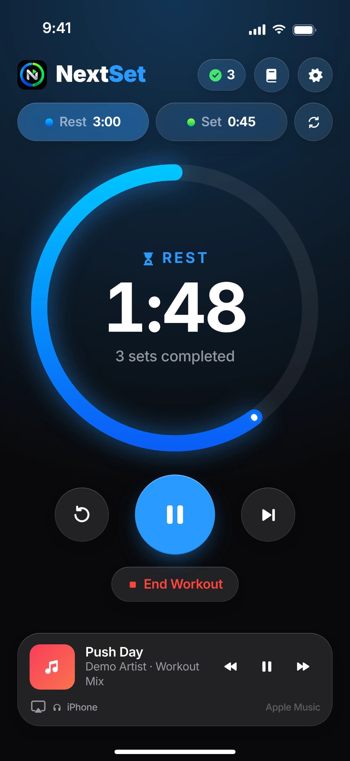 NextSet timer during rest: blue ring with 1:48 left and the note “3 sets completed”.